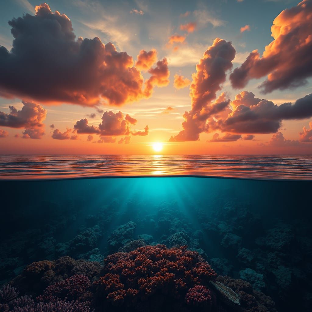 Fantastical Sunset Ocean Scene with Coral Reef and Clouds in...