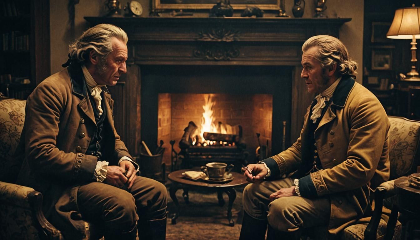 18th Century Gentlemen Chatting by Fireplace on Stormy Eveni...