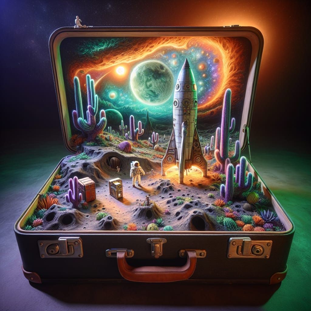 Retro Rocket on Moon in Suitcase Diorama