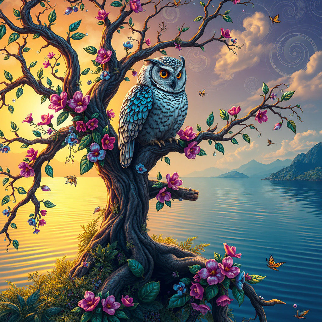 Whimsical Owl on Floral Branch Overlooking Lake