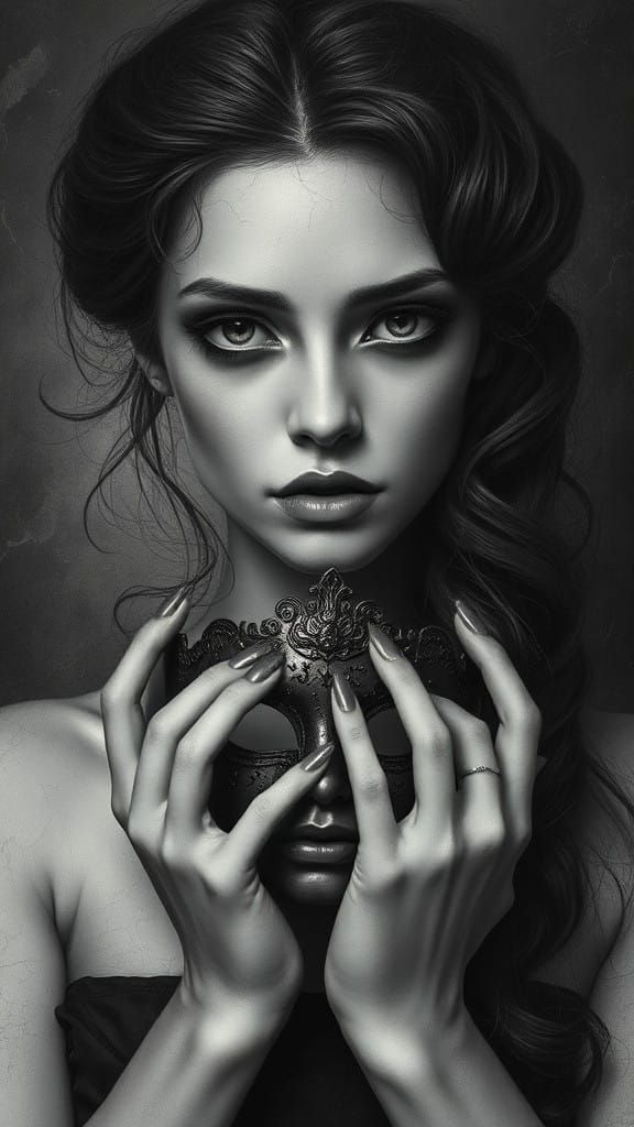 Ethereal Gothic Portrait of a Woman with Broken Mask