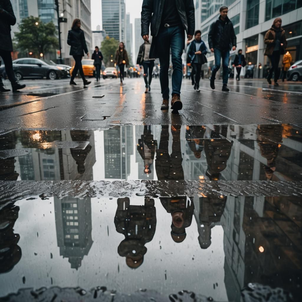 Cityscape Reflection in Rainy Puddle: HDR Photography