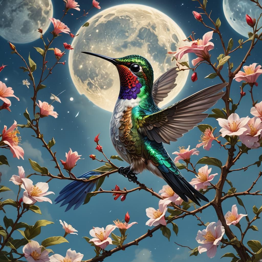 Hummingbird with Full Moon, Hyperdetailed Digital Art