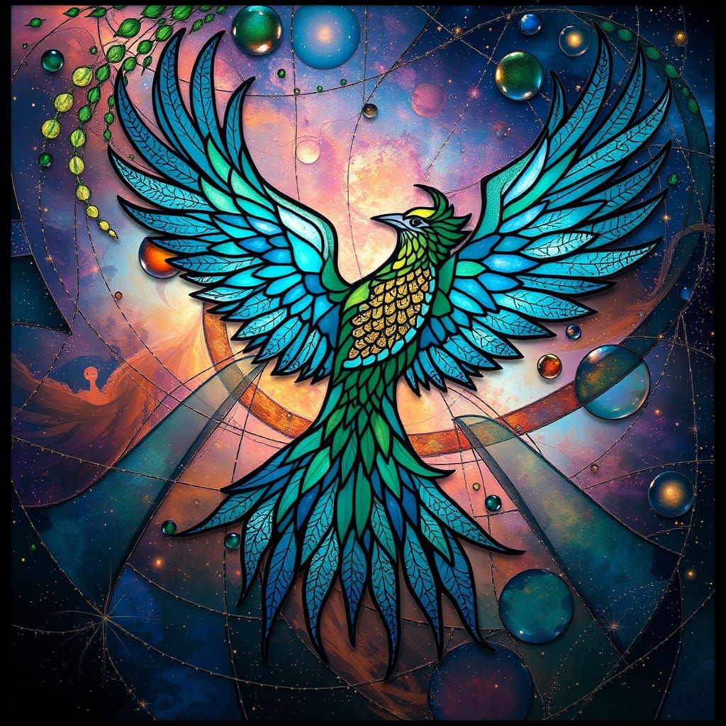 Stained Glass Phoenix Soaring Through Iridescent Nebula