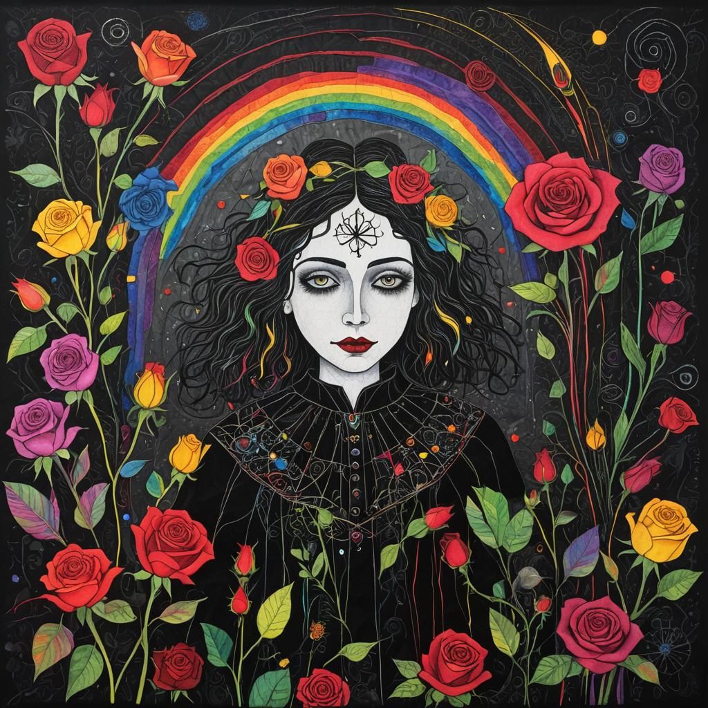 Surreal Goth Woman in Darkness: Crayon Art