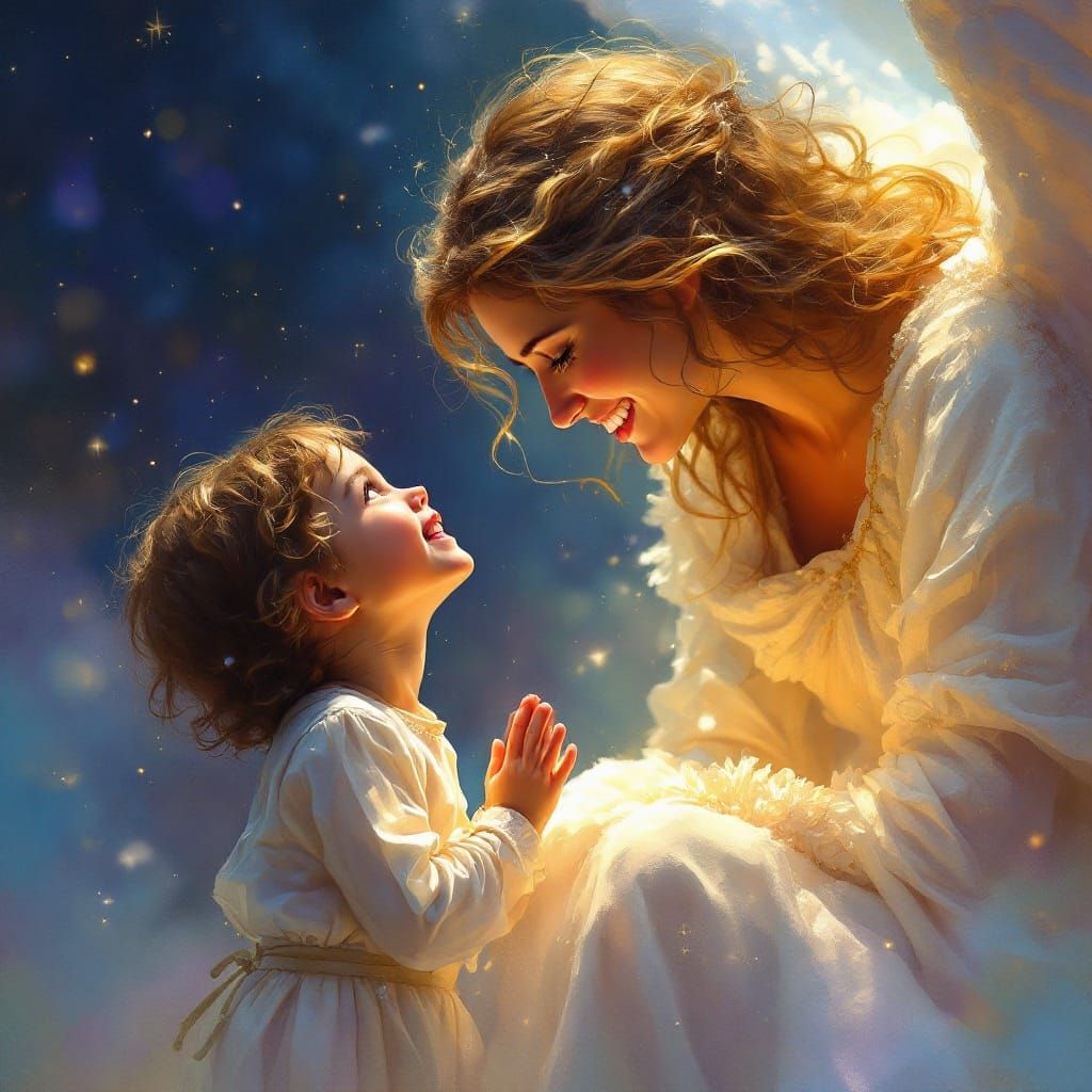 Angel Watching Over Praying Child in Gouache Style