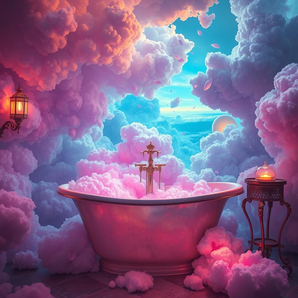 Fantasy Bathtub on Clouds in Dark Fantasy Style