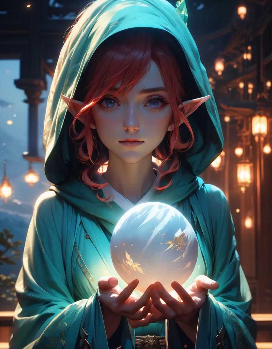 Fantasy Elf with Orb in Anime Style