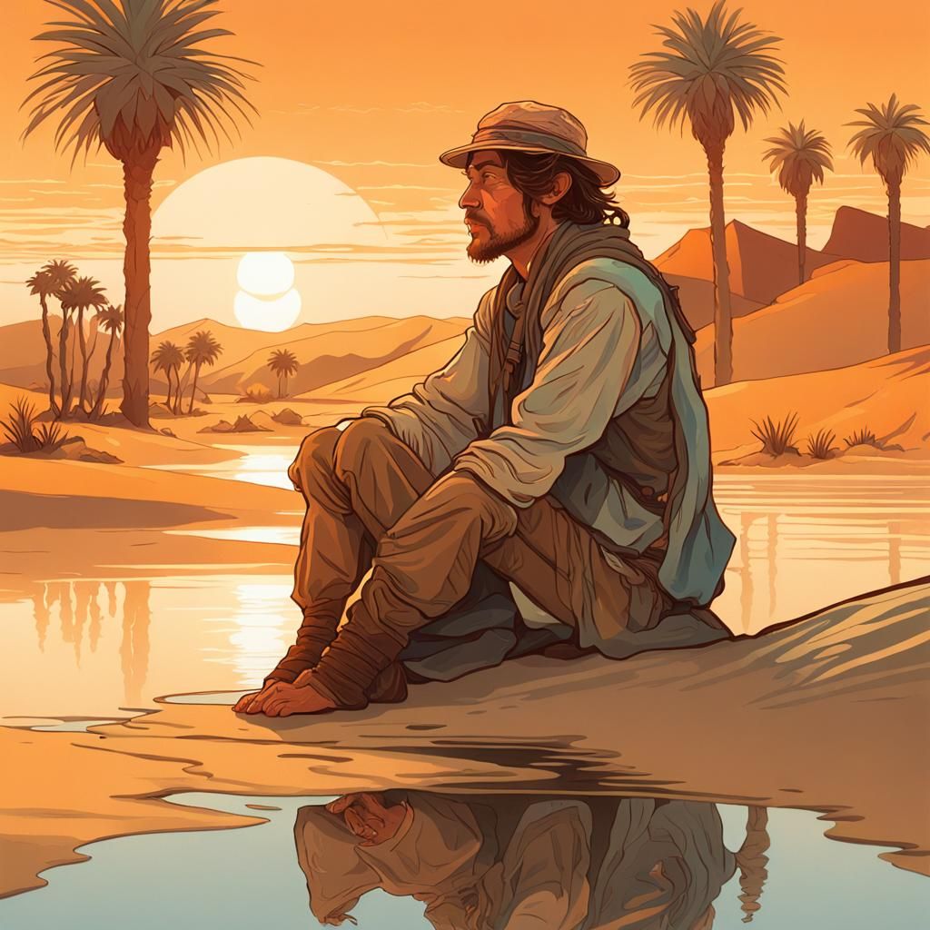 Desert Oasis Traveler in Art Nouveau Style