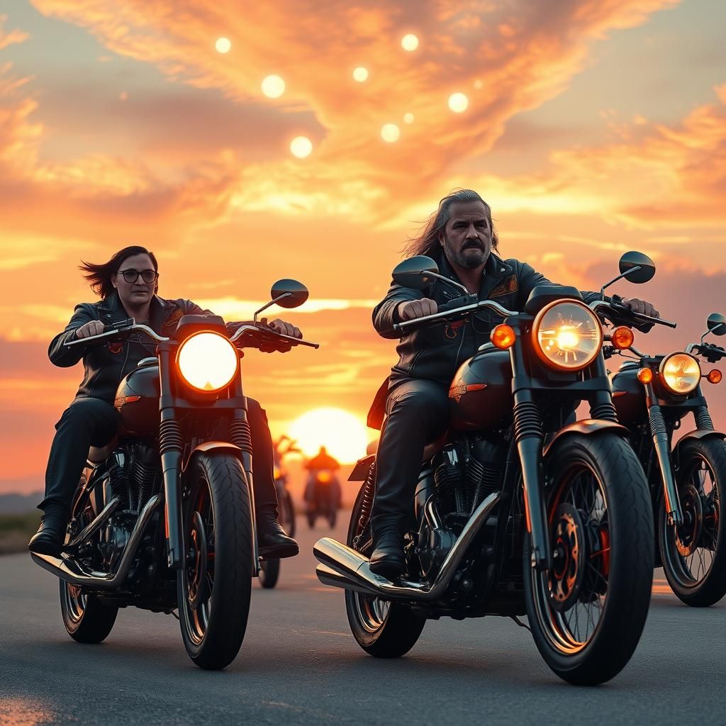 Biker Gang Ride Towards Sunset in Hyperrealistic Style