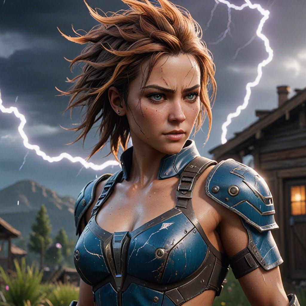 Athletic Woman Radiates Electric Energy in a Stormy Aura