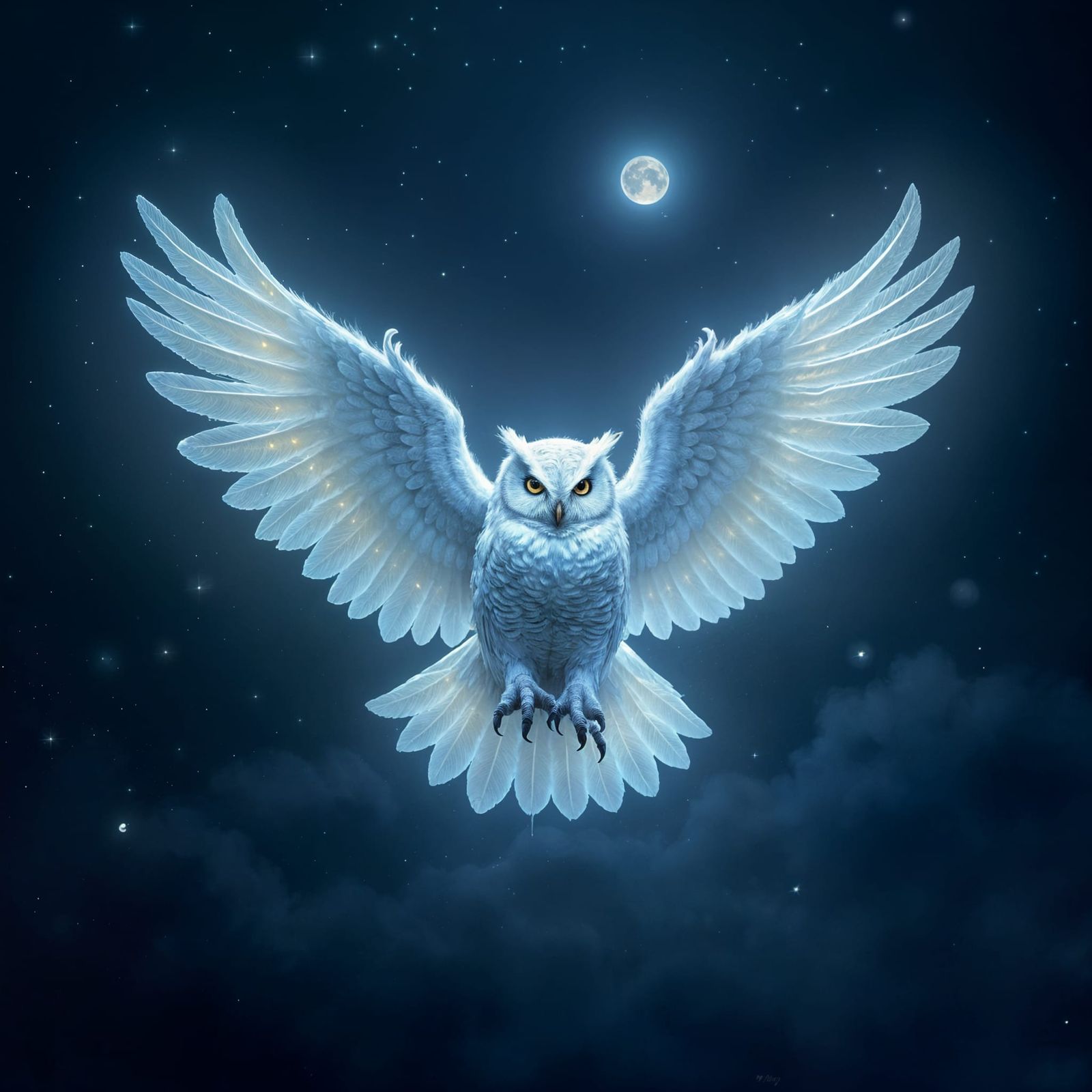 Luminescent Owl Flying Under Moonlight and Stars