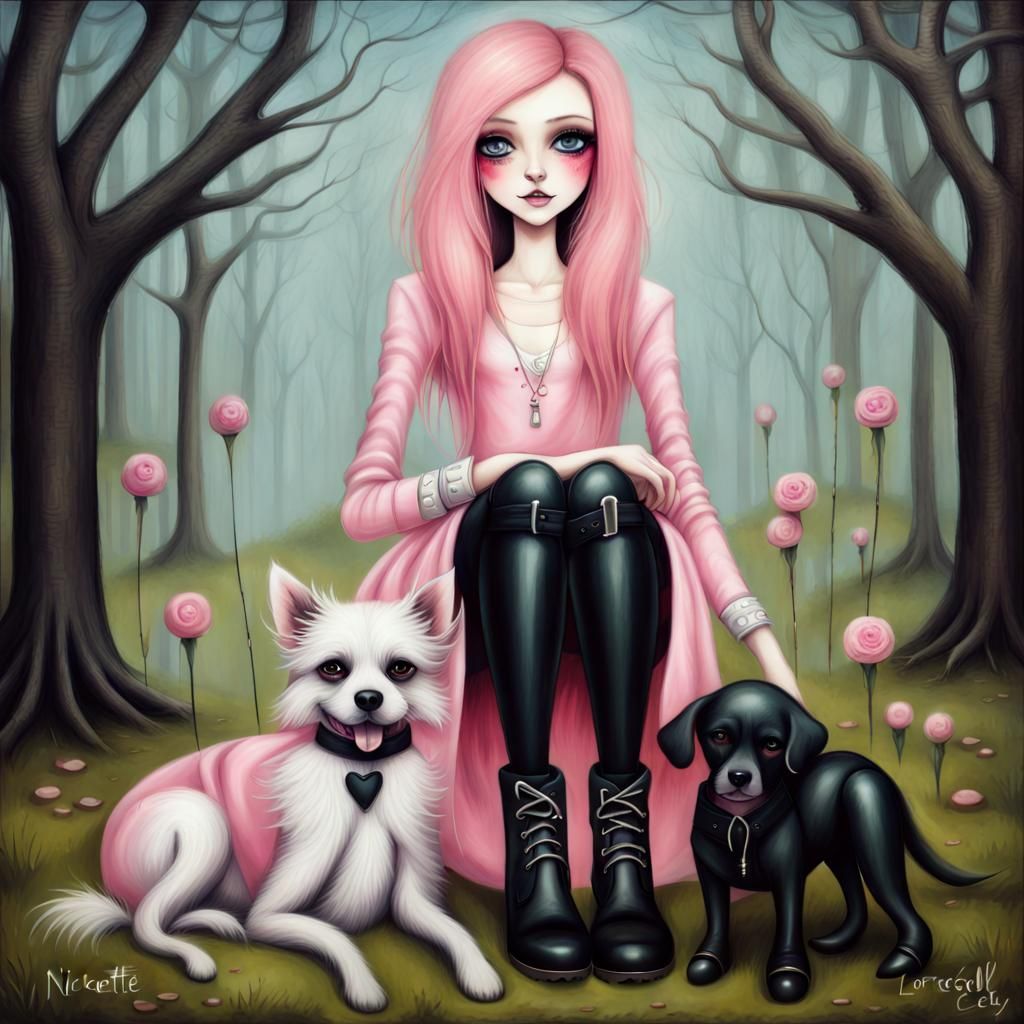Smiling Girl with Dog in Surreal Style