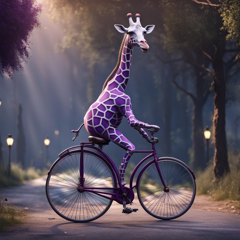 Purple Giraffe Rides Penny-Farthing in Fantasy Art