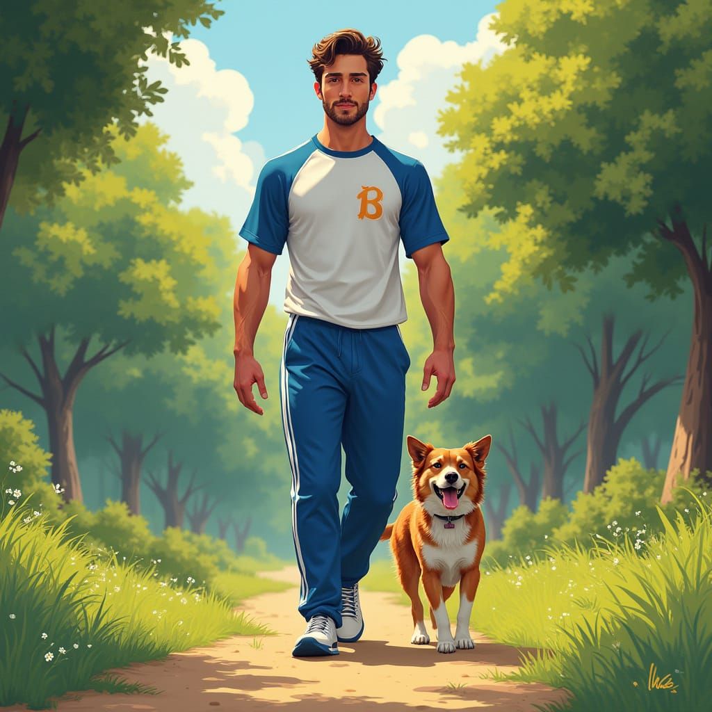 Hyper-Realistic Man Walking Dog in Park