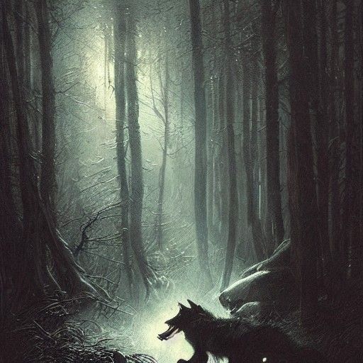 Werewolf Hunt in Dark Forest: Horror Illustration