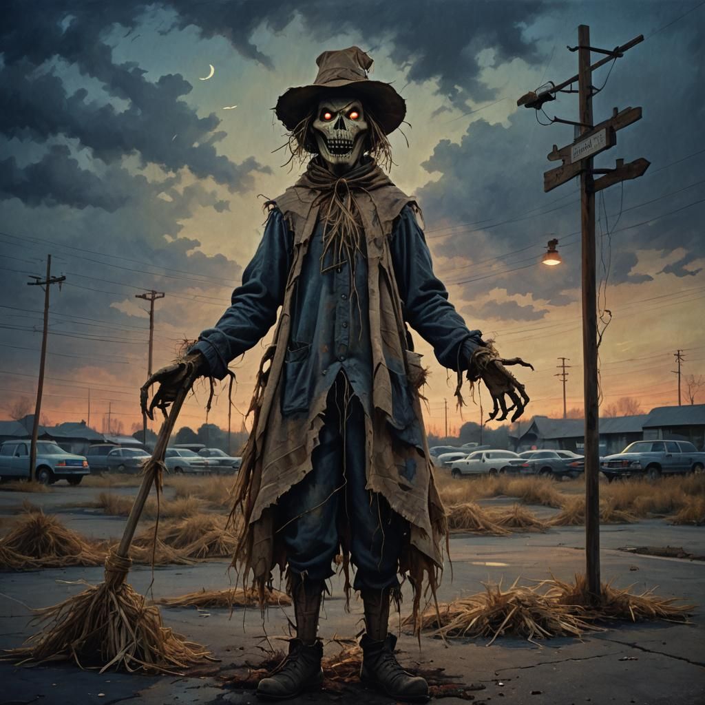 Menacing Scarecrow in Abandoned Parking Lot: Ominous Oil Pai...