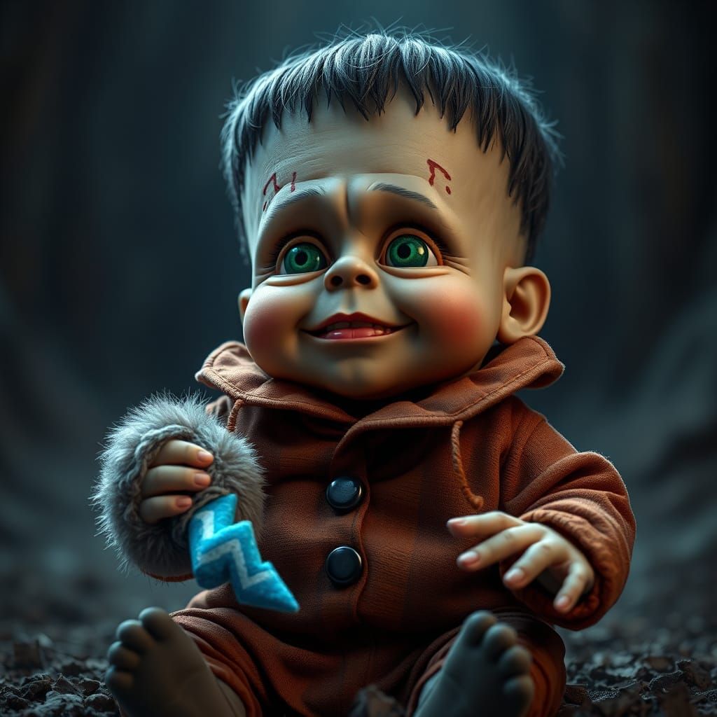 Adorable Baby Frankenstein with Lightning Bolt Plushie