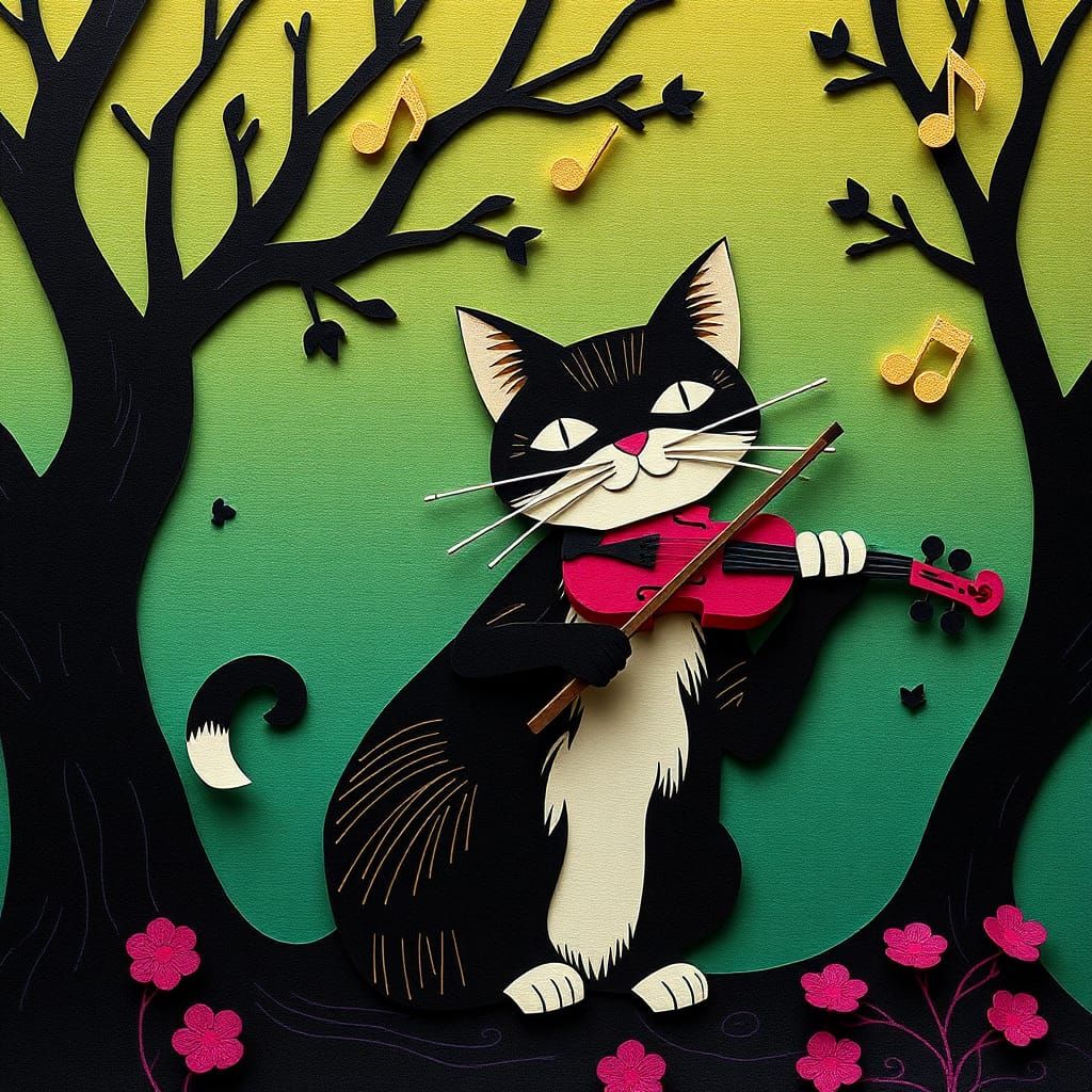 Cute Cat Listens to Violinist in Kirigami Style