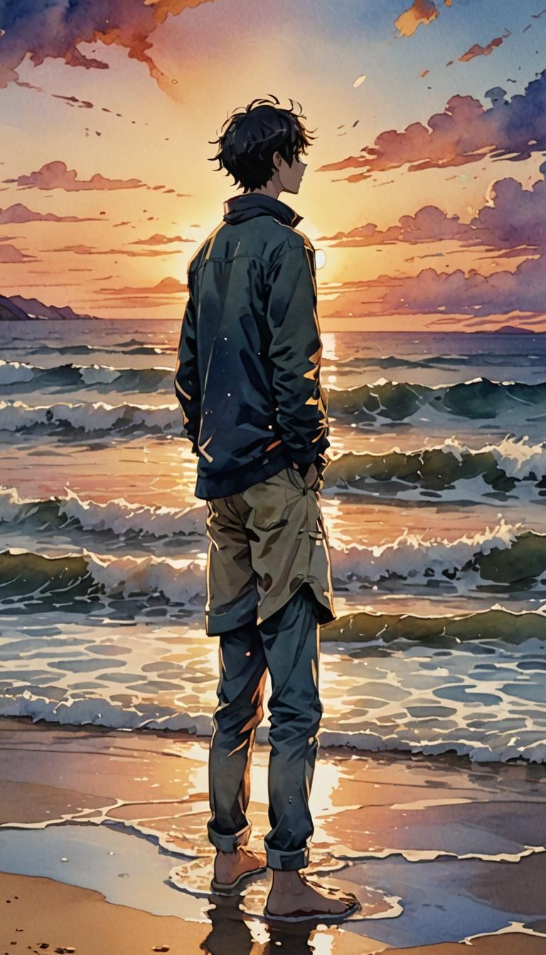 Solitude at Sunset: Anime Scene in Watercolor