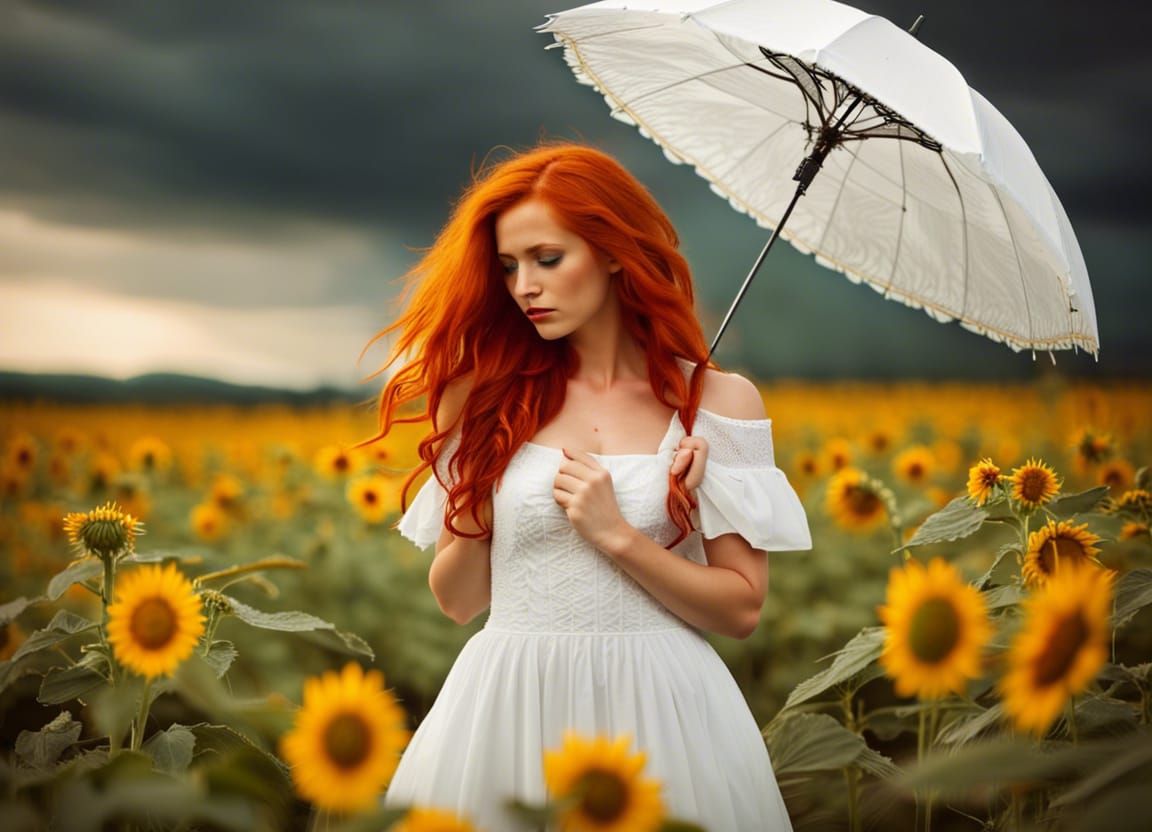 Girl in Crinoline Dress in Sunflower Field