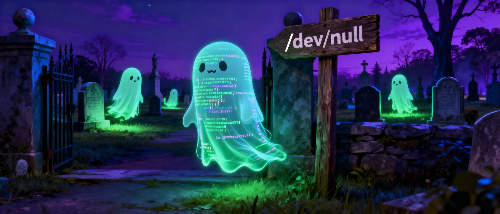 Digital Ghosts Haunt Graveyard in Eerie Neon Glow