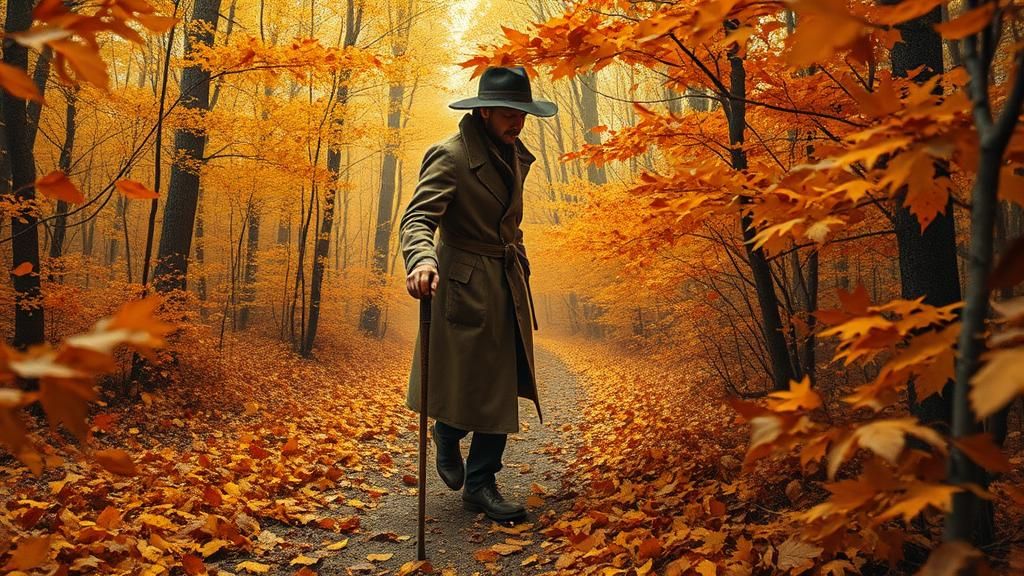 Autumn Traveler in Mystical Forest, Surreal Art