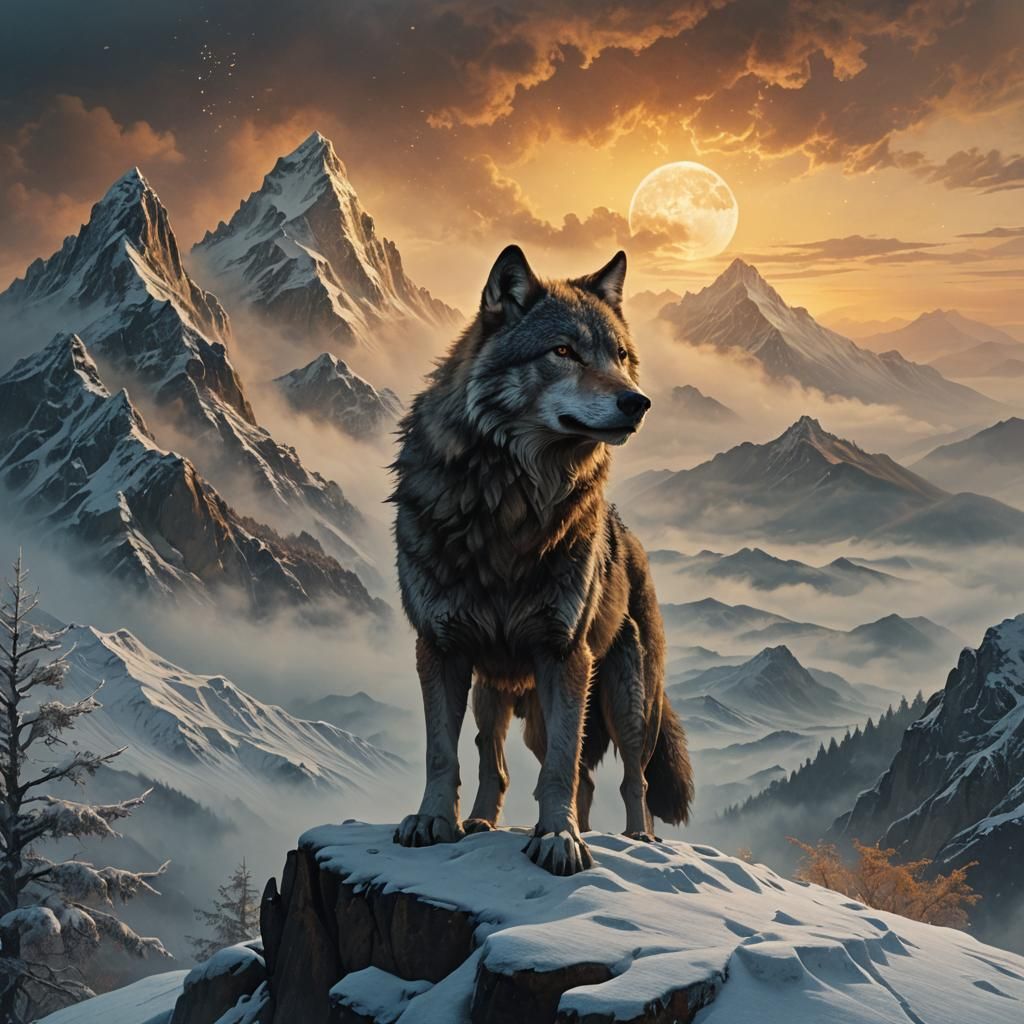 Wolf on Misty Peak in Dark Fantasy Style