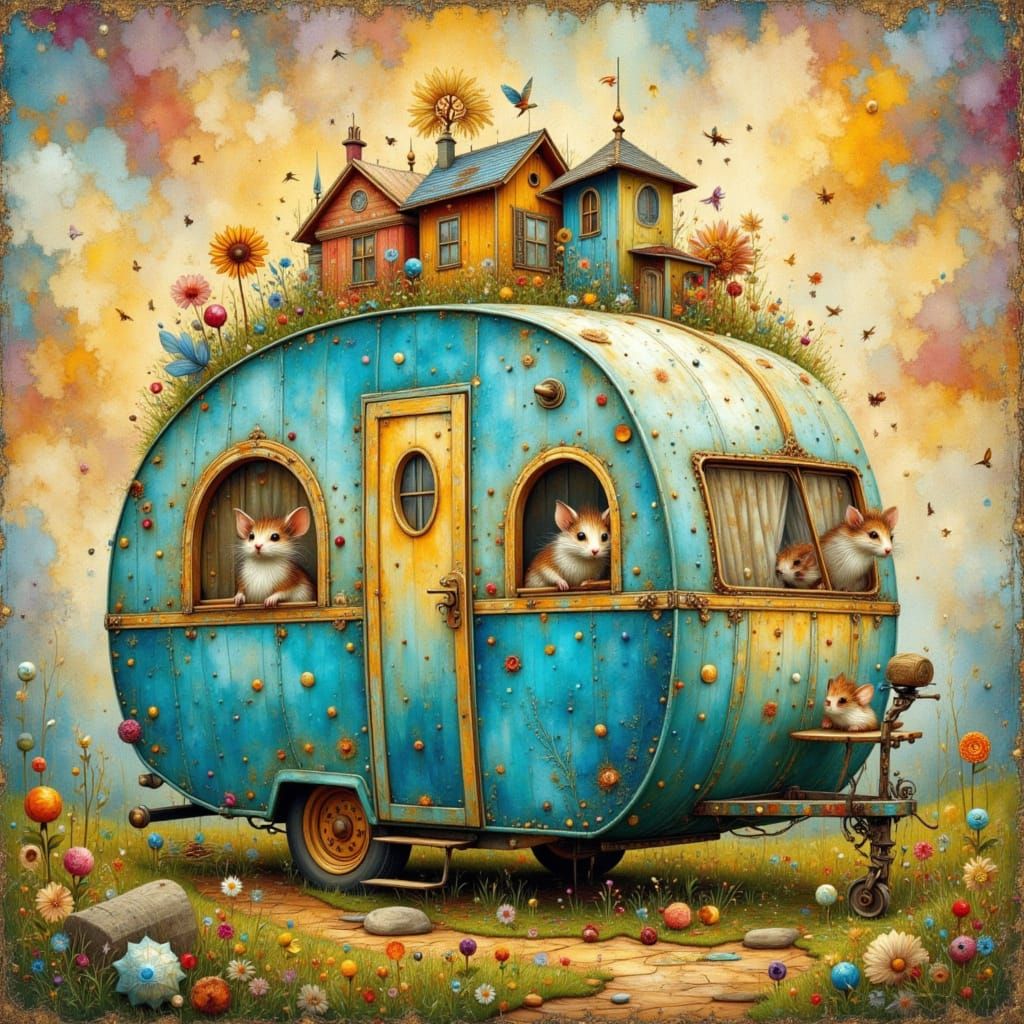 Whimsical Vintage Motorhome with Miniature Town