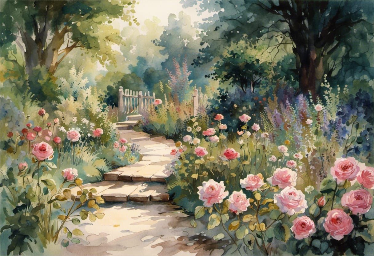 English Garden Path Watercolor Painting
