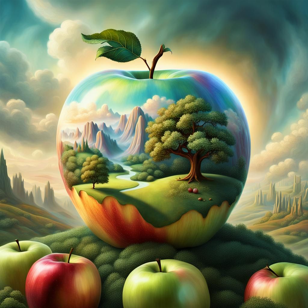 Surreal Landscape Inside Apple, Dreamlike Fantasy