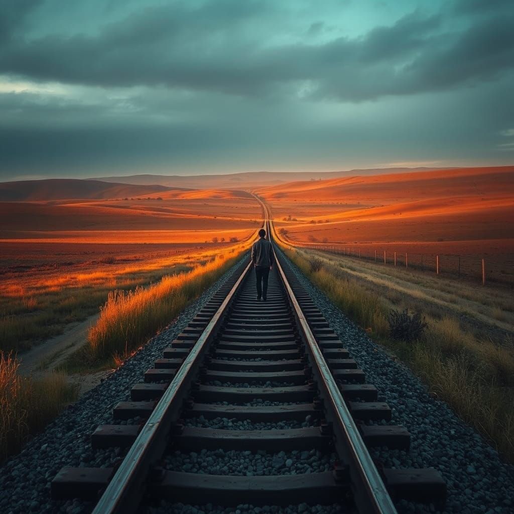 Nostalgic Figure on Railway Track in American South