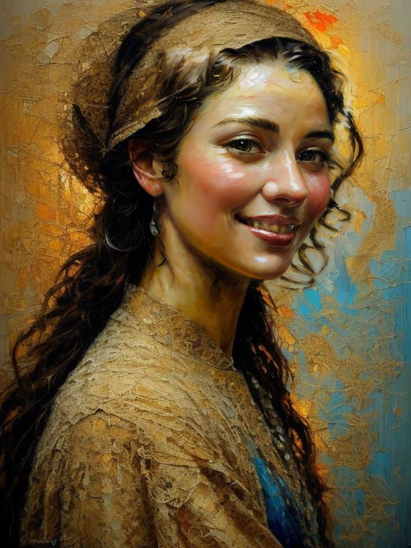 Beautiful Young Woman in Oil Painting with Textured Brush St...