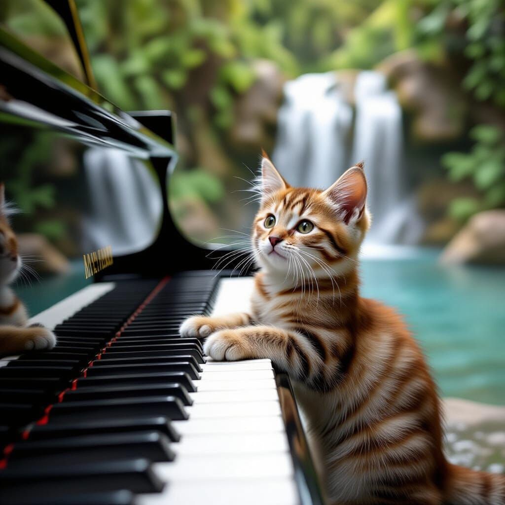 Kitten Playing Piano by Waterfall