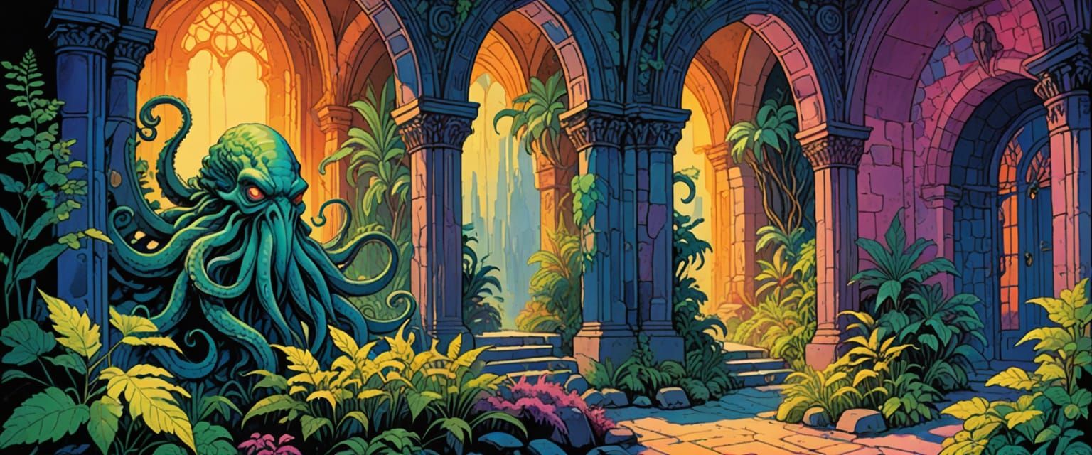 Cthulhu in Dungeon: Whimsical Comic Book Watercolor