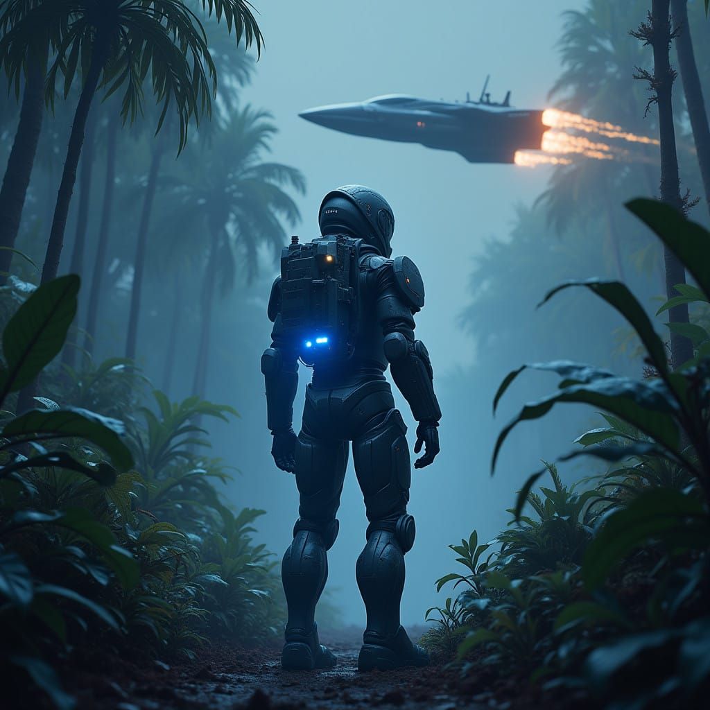 Cybernetic Soldier in Futuristic Jungle at Night