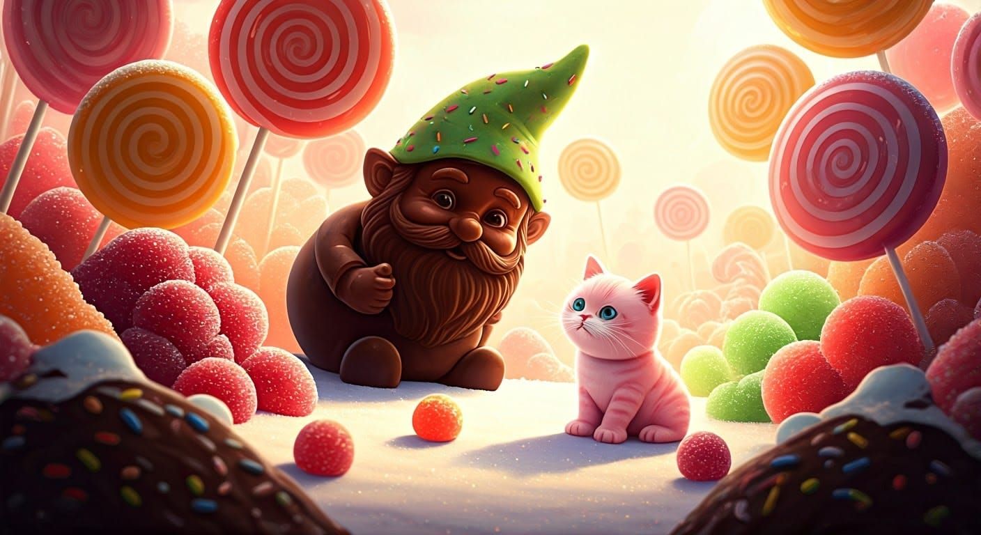 Chocolate Gnome and Marshmallow Kitten in Candy Garden