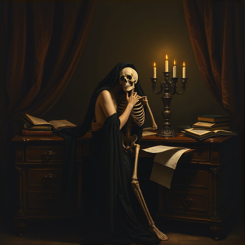 Gothic Allegory: Nude Embraces Skeleton