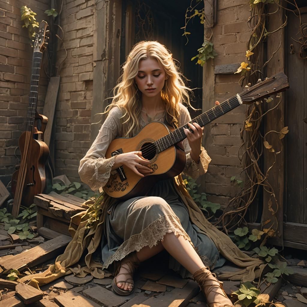 Ethereal Guitarist in Abandoned Alley, Kinkade Style
