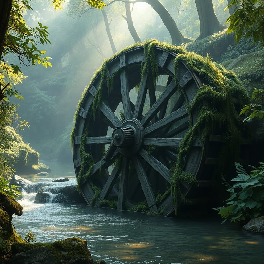 Surreal Waterwheel Sanctuary in Primeval Forest