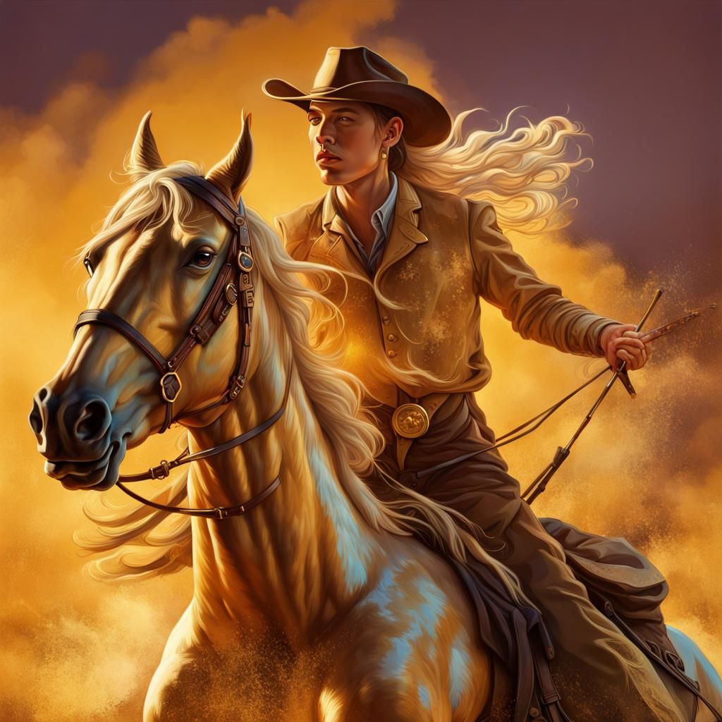 Old West: Young Couple Ride Galloping Golden Horse