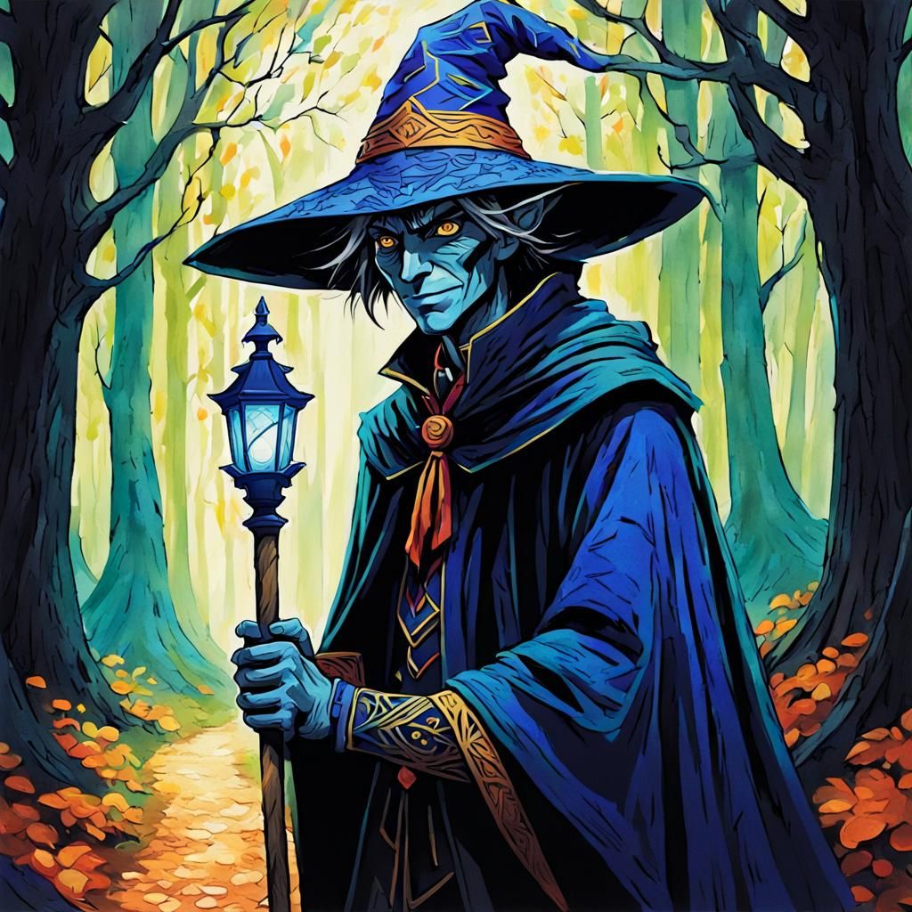 Dark Magician in Enchanted Forest: Gouache Painting