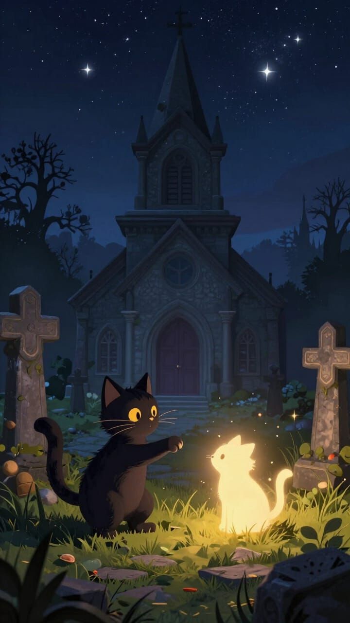 Yule Cat Chases Spirit in Starry Churchyard
