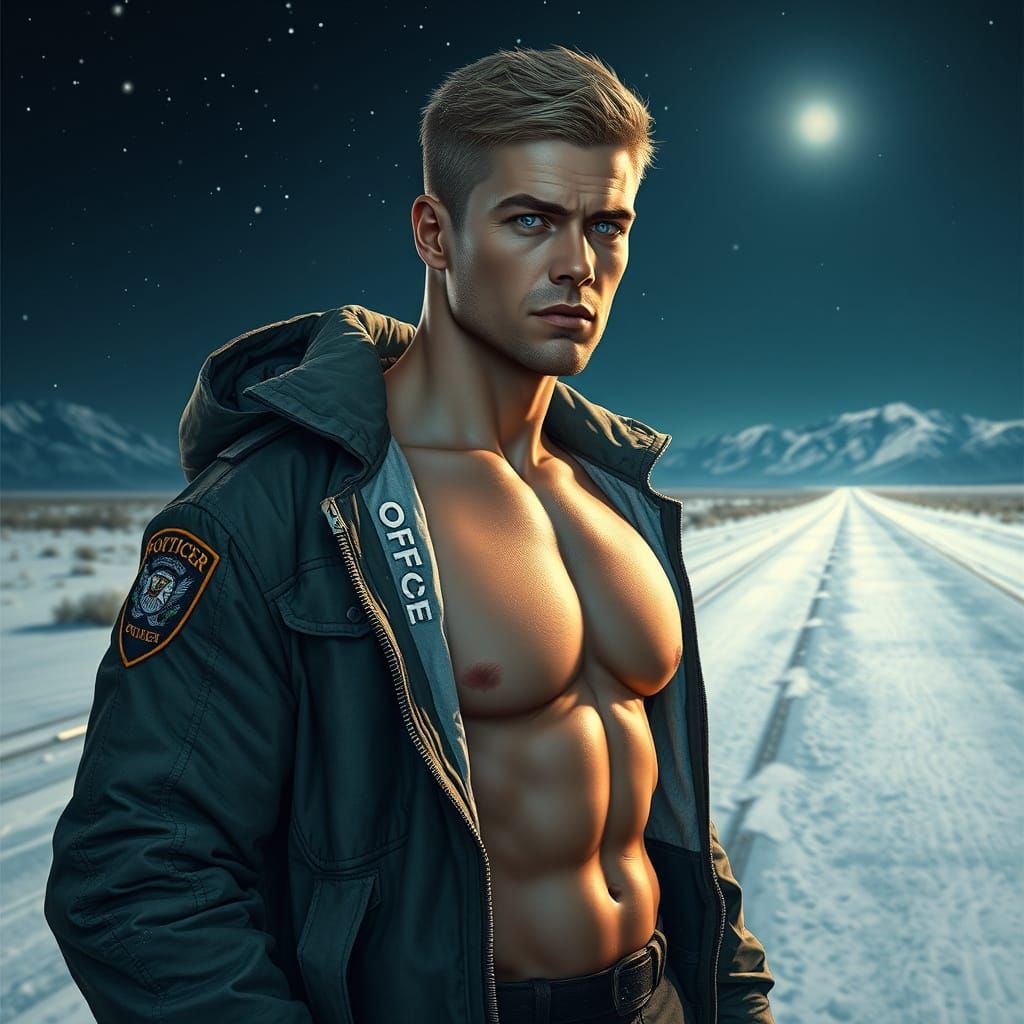 Chiseled Officer Stands Guard Under Winter Moonlight