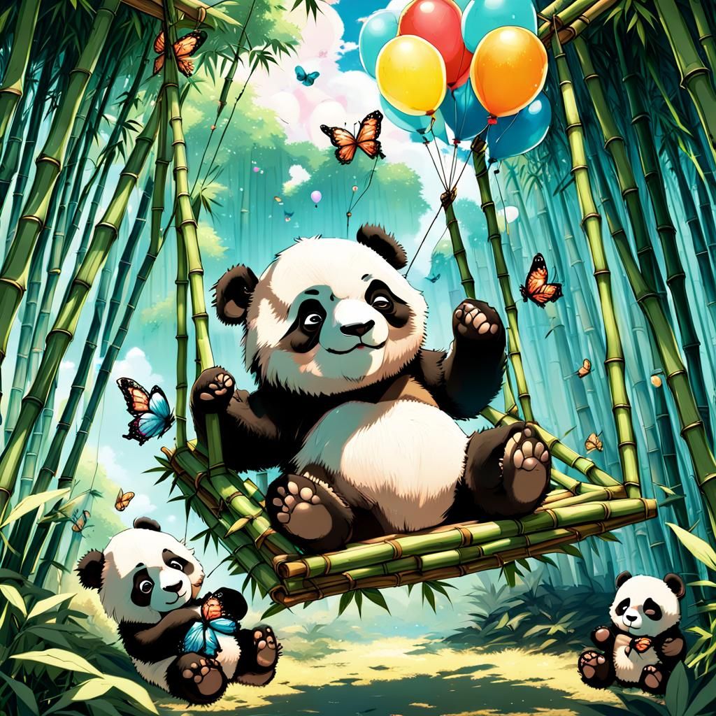 Sleeping Panda Cub in Bamboo Forest, Anime Style