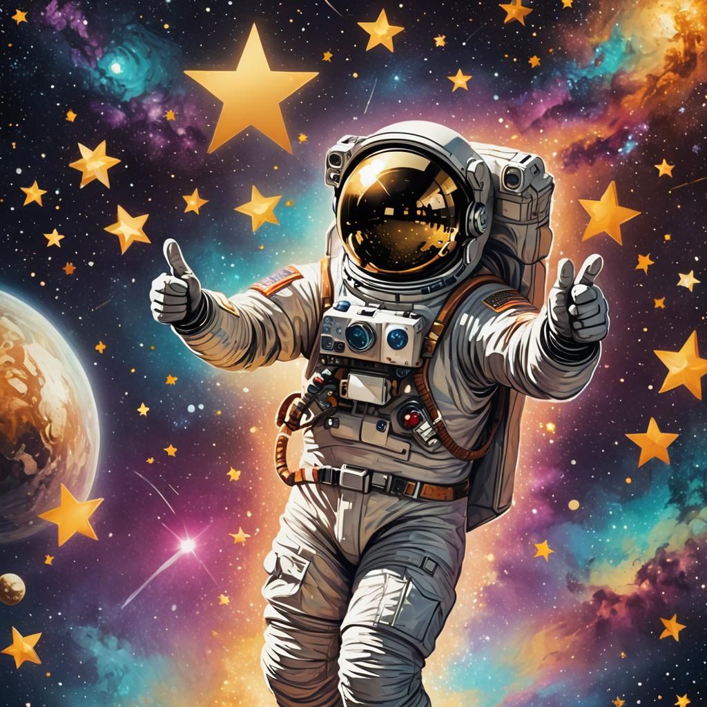 Retro Astronaut Thumbs-Up in Sparkling Space
