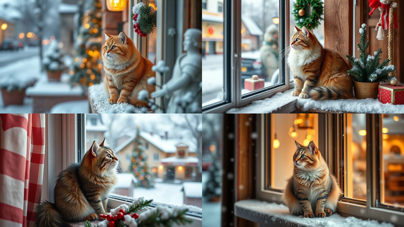 Cute Kitten Gazing at Snowy Christmas Street