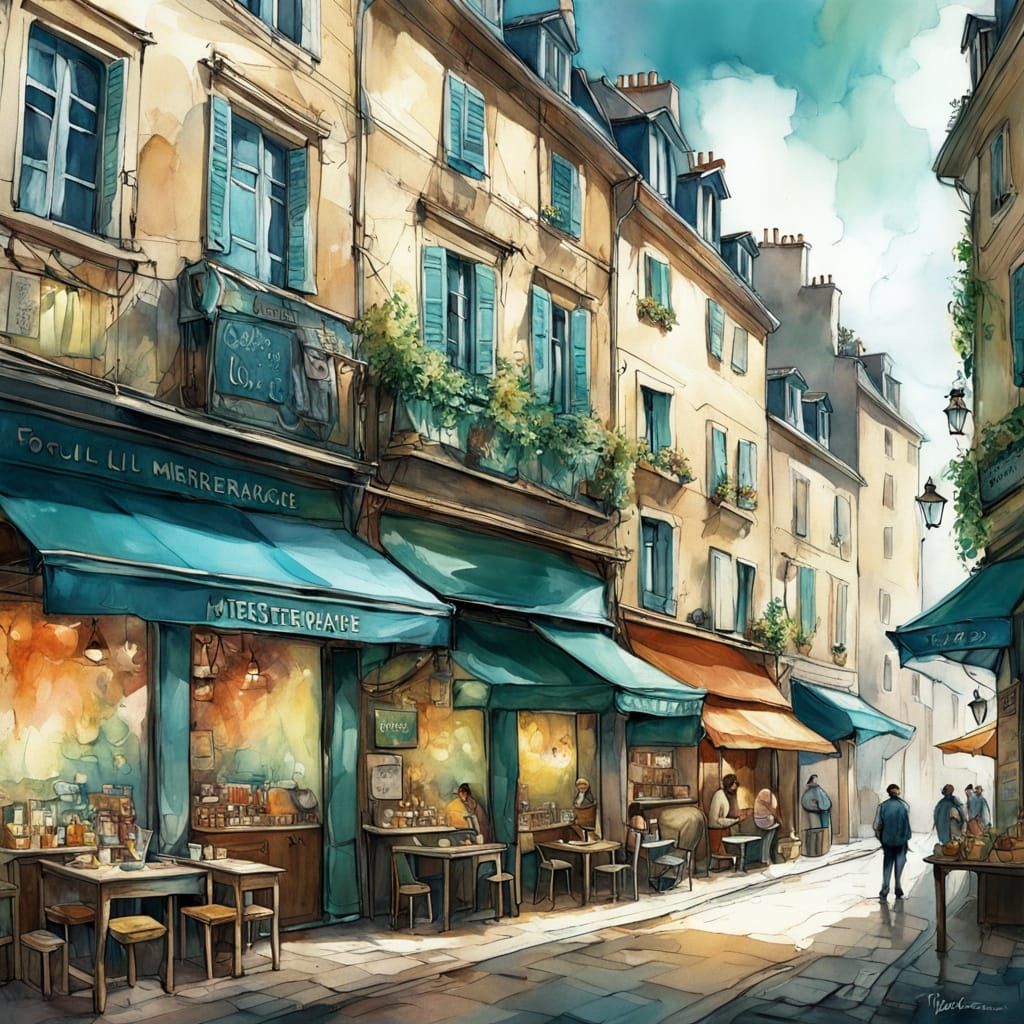 French City Street with Shops and Cafe in Teal and Blue