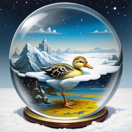Duckling in Snow Globe: Surreal Oil Painting