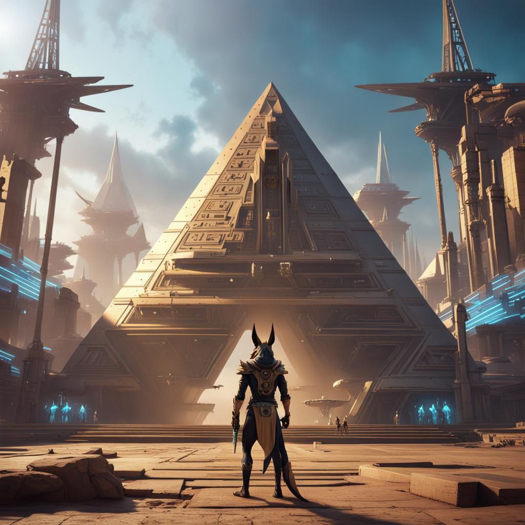Cyberpunk Anubis with Khopesh Before Pyramid